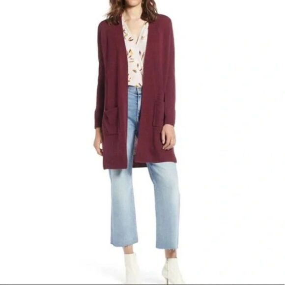 Halogen Wool & Cashmere Long Cardigan - size Small Petite in Burgundy - Picture 1 of 13